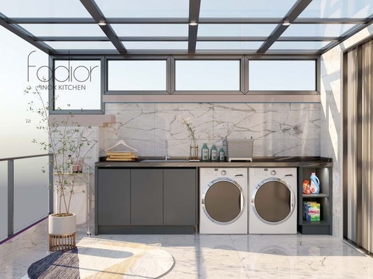 Meridian Gray Stainless Steel Balcony Storage Cabinet With Black Quartz Countertop