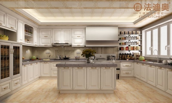 Modern White Stainless Steel Kitchen Cabinet With Profile Door Panel And Gold Handles
