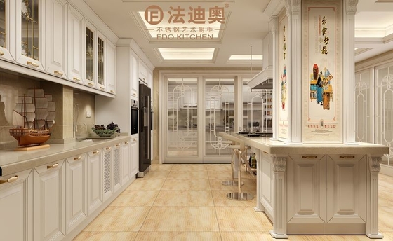 Modern White Stainless Steel Kitchen Cabinet With Profile Door Panel And Gold Handles
