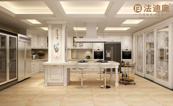 Modern White Stainless Steel Kitchen Cabinet With Profile Door Panel And Gold Handles
