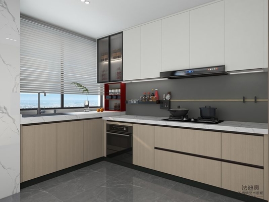 Modern U-Shaped Wood Grain Stainless Steel Kitchen Cabinet With Vibrant Red Open Shelf