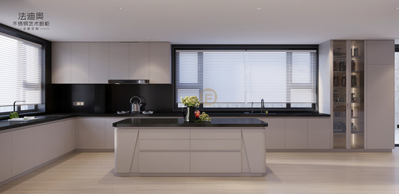 Elegant Grey Stainless Steel Kitchen Cabinet With Curved Island And Multiple Storage Solution