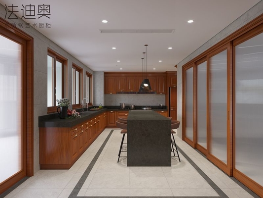 New Chinese Style Wood Grain Kitchen Cabinet With Floor-Standing Island