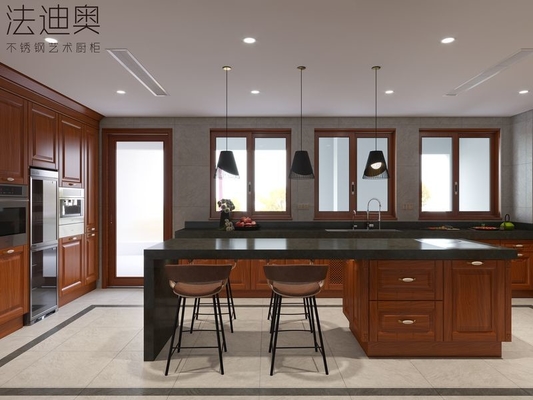 New Chinese Style Wood Grain Kitchen Cabinet With Floor-Standing Island