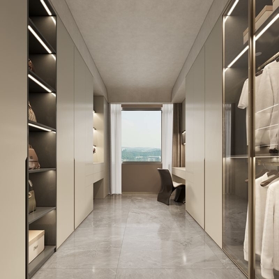 White Apricot Finish Stainless Steel Walk-In Closet With Dual-Line Design