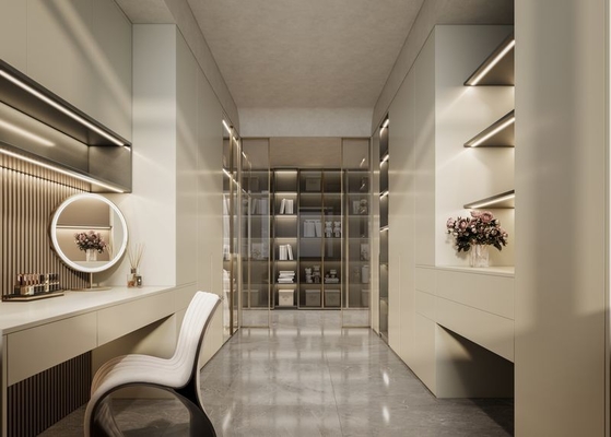 White Apricot Finish Stainless Steel Walk-In Closet With Dual-Line Design