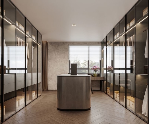 Custom Stainless Steel Walk-In Closet With Electric Lift Island And Ample Storage