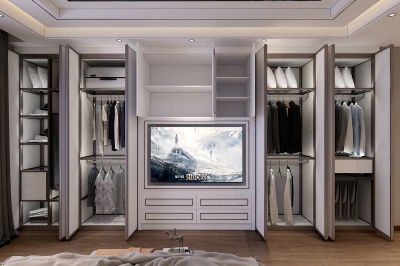 Modern Black White Lines Full Height Wardrobe With Integrated TV And Superior Storage