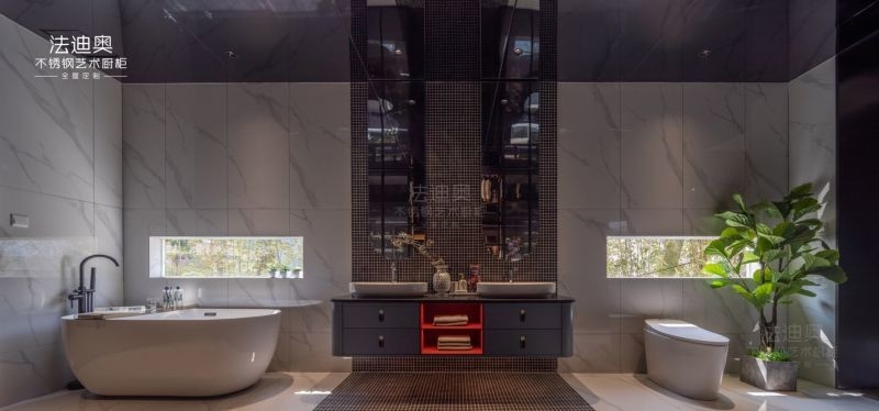 Matte Finish Stainless Steel Bathroom Sink Vanity Cabinet With Blue Gray And Red Accents