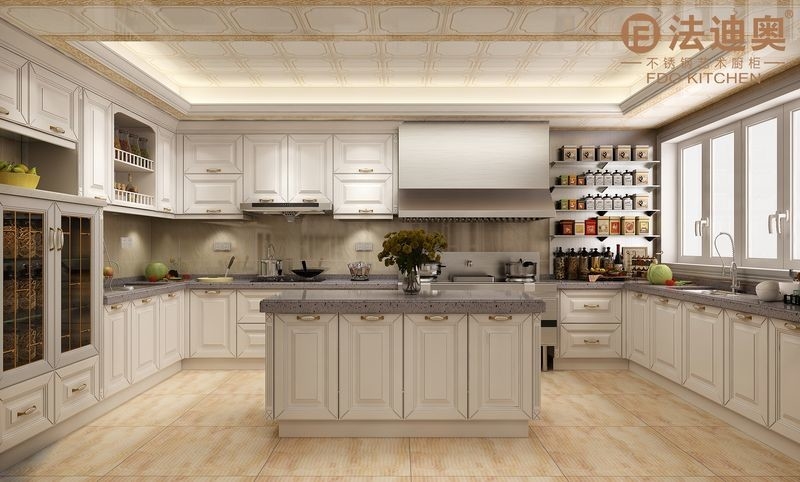 Modern White Stainless Steel Kitchen Cabinet With Profile Door Panel And Gold Handles
