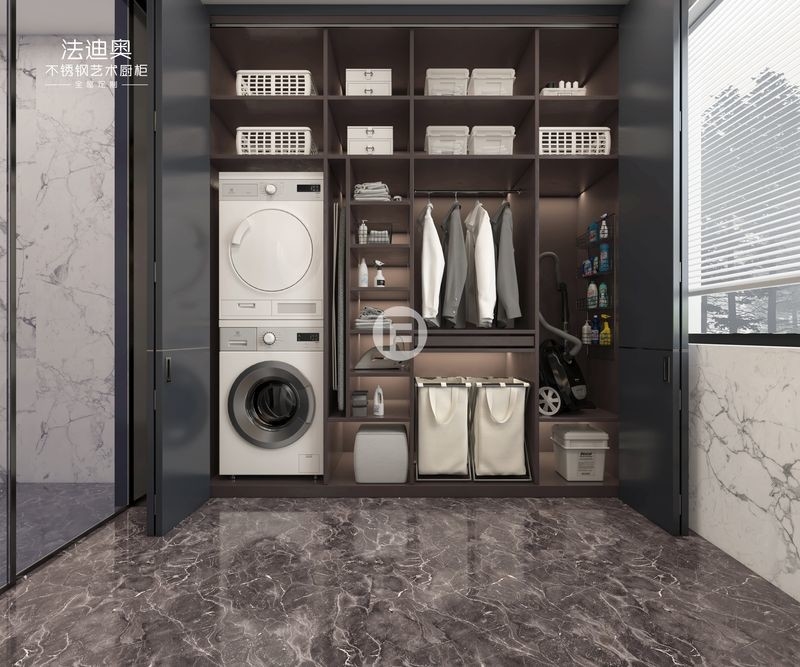 Crystal Ink Grey Stainless Steel Laundry Cabinet With Sliding Doors And Multiple Storage Solutions