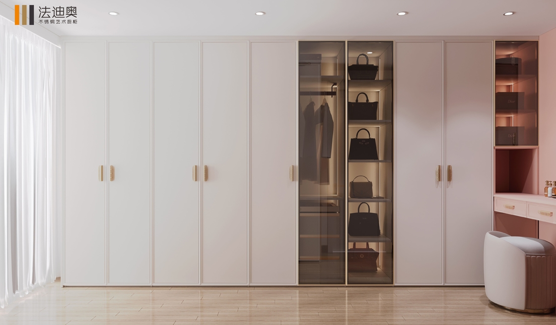 Modern Wardrobe Blush Pink And Ivory With Custom Stainless Steel Design