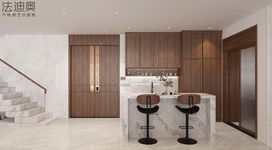 Clasico y elegante gabinete de acero inoxidable de estilo chino: grano de madera y tono de madera profunda
