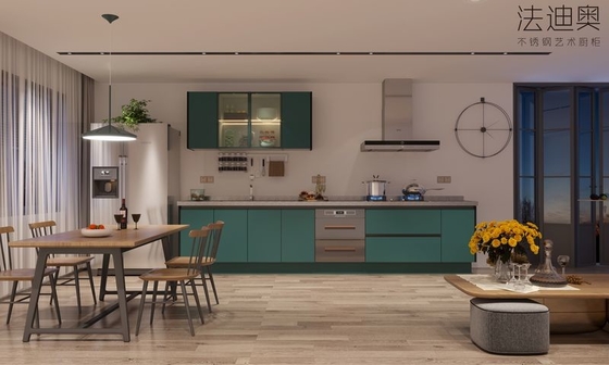 El gabinete de cocina de línea única verde pino es una mezcla perfecta de diseño minimalista y funcionalidad moderna.