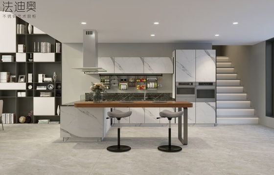 Armarios de cocina abiertos en forma de L Diseño de expansión de espacio con barra integrada