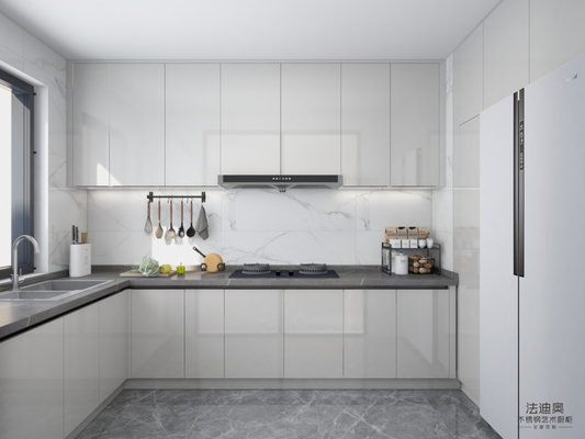 Construcción de acero inoxidable resistente gabinete de cocina moderno con puertas blancas elegantes