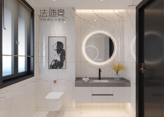 Baño moderno clásico de acero inoxidable con accesorios inteligentes y diseño flotante
