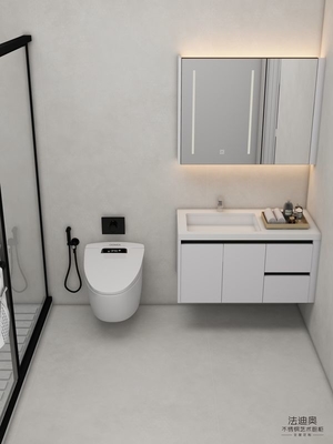 Vanidad de baño de acero inoxidable blanco y atemporal montada en la pared con gabinete de espejos