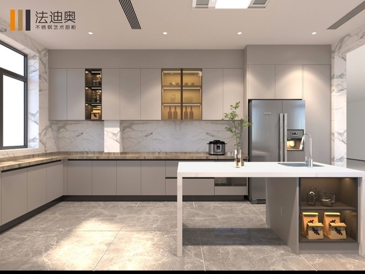 El gabinete de cocina de acero inoxidable con integración perfecta