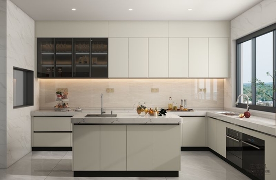 El gabinete de cocina de acero inoxidable en forma de U con diseño integrado sin fisuras