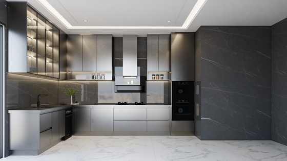 Gabinete de cocina de acero inoxidable negro mate Fadior con iluminación ambiental debajo del gabinete