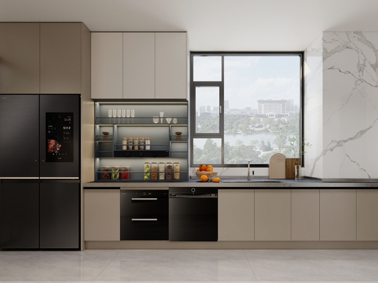 El gabinete de cocina de acero inoxidable en forma de U con diseño integrado sin fisuras